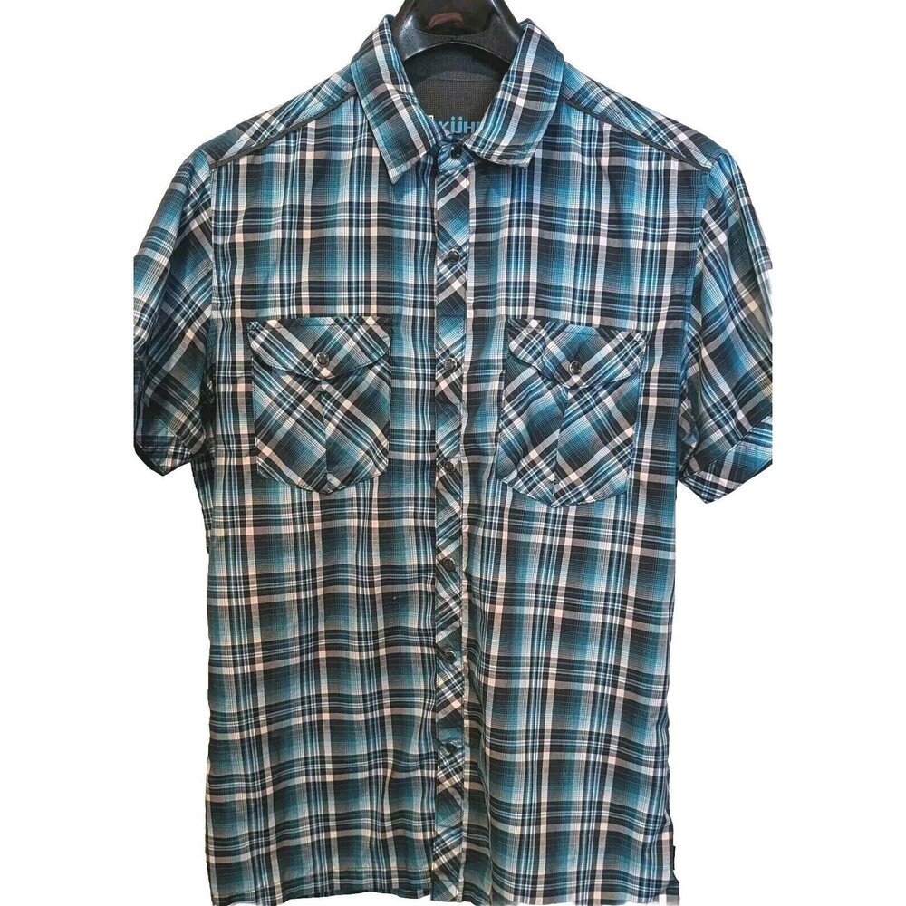 KUHL Eluxur Men's SMALL Blue Plaid Eluxur Shirt Hiking Short Sleeve Pearl Snap